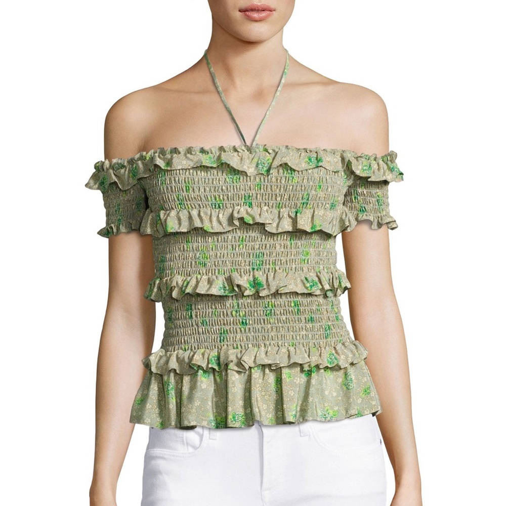 Rebecca Taylor Green Off Shoulder Smocked Top